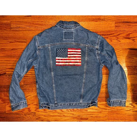 Levi’s 70507-0389 Denim Trucker Jacket Large 90s Hand Painted USA Flag Vintage - Picture 2 of 7